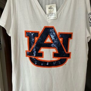 Victoria's Secret PINK Collegiate White V-Neck Tee AUBURN Sequin T shirt
